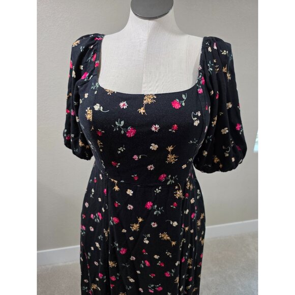 Floral Puff Sleeve Midi Dress With Pockets Black Multicolor - Picture 4 of 9